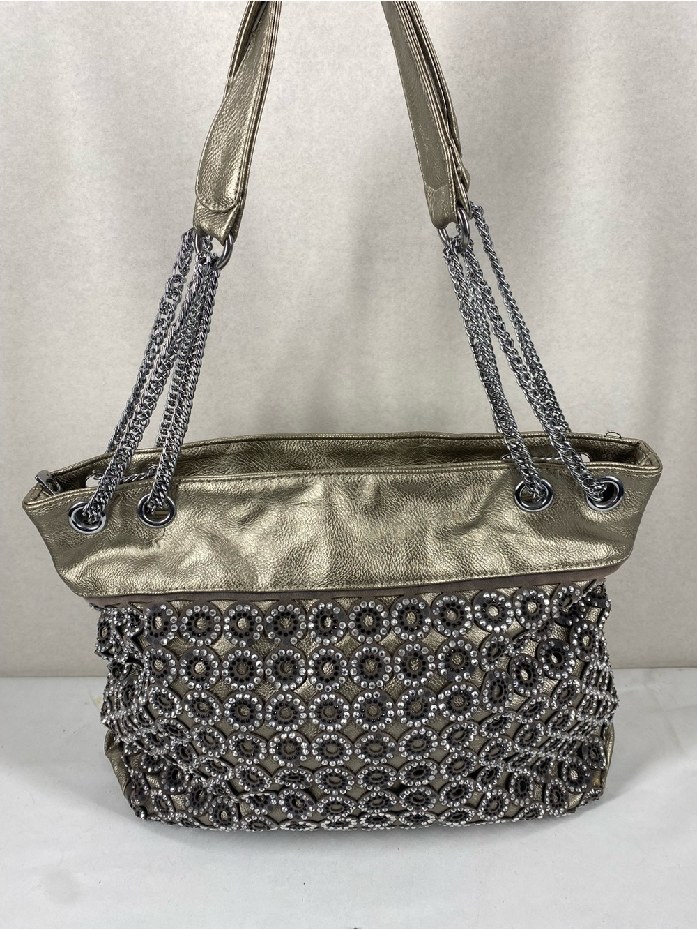 Metallic Beaded Shoulder Tote in Champagne Silver